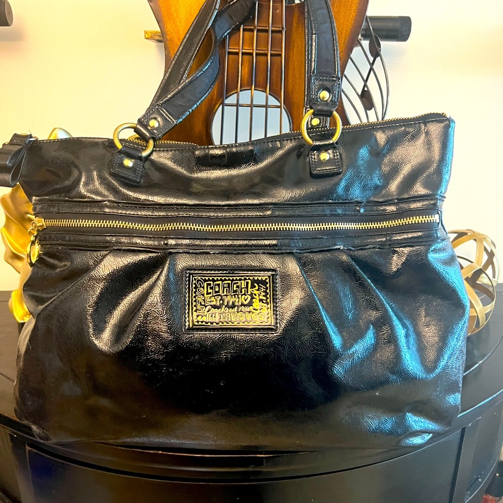 Coach Poppy Black Patent Leather Shoulder Bag with Gold Accents